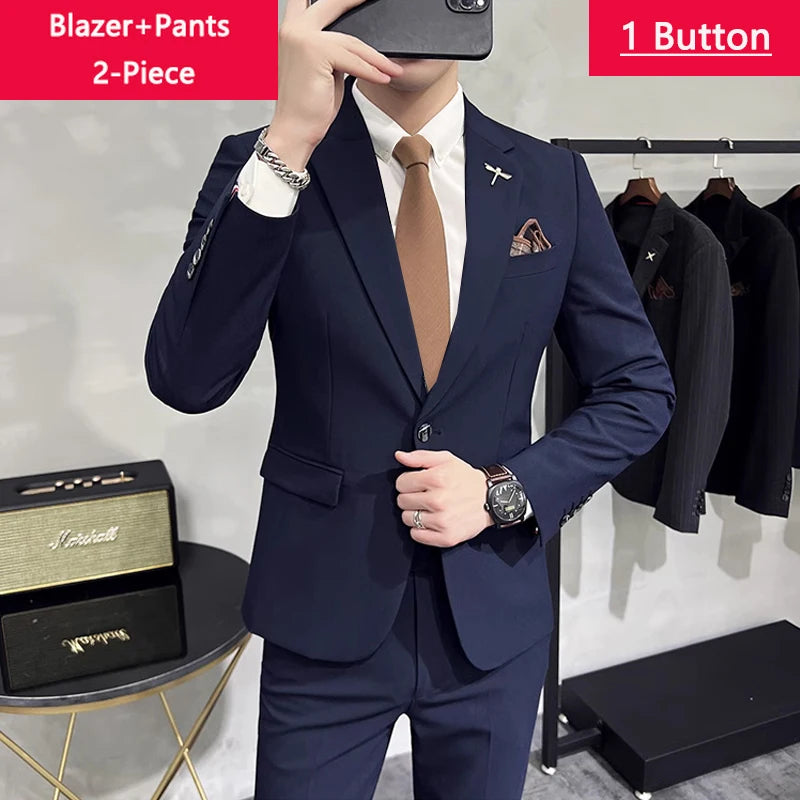 Blazer Vest Pants Men's Navy Blue Suit Set Slim Fit Blazer Vest Pants Formal Outfit for Business Wedding Office Groom Party