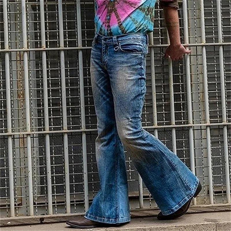 Fashion Punk Style Large Flared Jeans Men's Four Seasons Street Casual High Waist Splice Pocket Denim Pants Male Youth Trousers