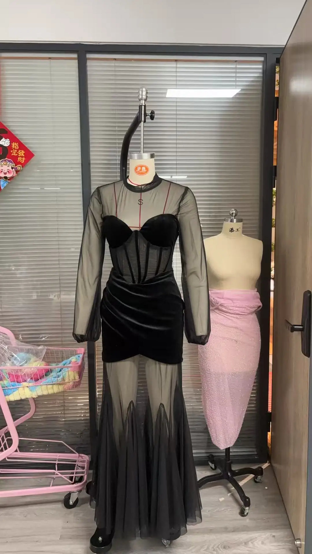 GLCMYAYA Mesh See Through Women Full Sleeve Velvet Bodycon Long Dress 2025 Fall Birthday Party Evening Prom Maxi Mermaid Dresses