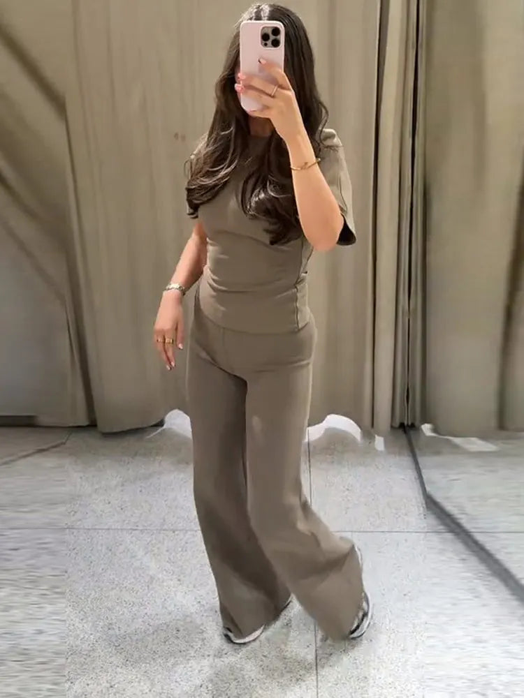 Sexy Solid Top Trousers Set Women Short Sleeve Backless Tops Long Slim Pants Sets Female 2026 Chic Summer Autumn Lady Suits New