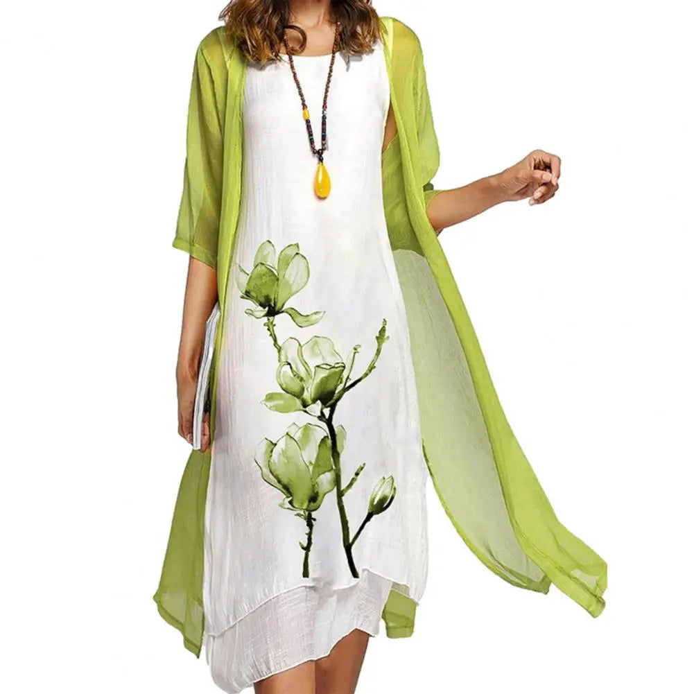 Flower Print Elegant Dress Shawl Coat Set Irregular Hem Dress Cardigan Coat Set Women Two-piece Mid Length Dress Coat Set 80%