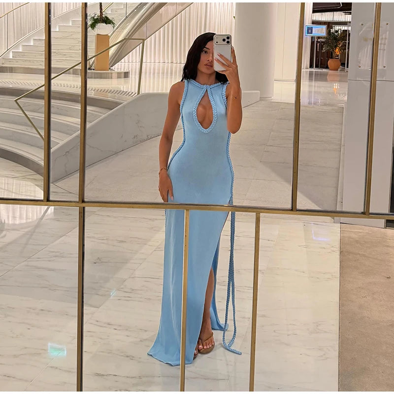 Women Solid Braided Trim Cutout Maxi Dress Sleeveless High Slit Bodycon Fit Gown 2026 Summer Elegant Evening Formal Party Outfit