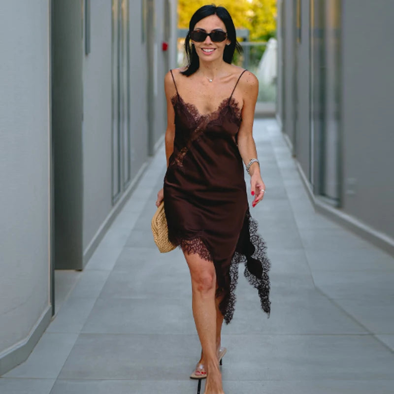 HXAO Womens Dresses Lace Asymmetric Slip Dress Summer 2025 Sexy Evening Dresses Ladies Mini Brown Sleeveless Backless Vestidos