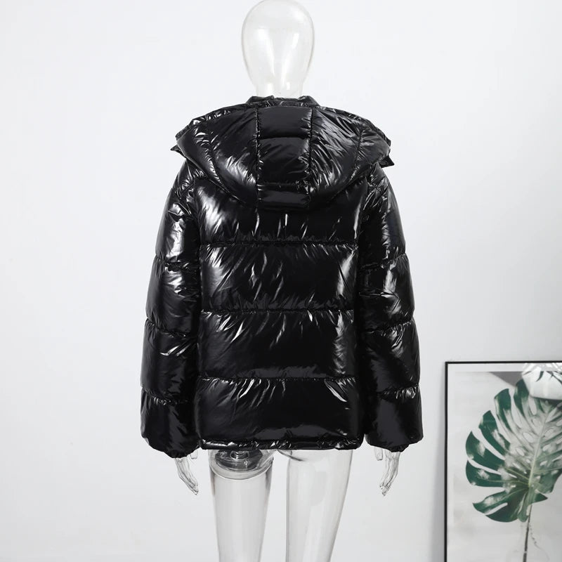 High Street Women's Glossy Zipper Hooded Coats Warm Elastic Waist Pleated Short Cotton Female Jacket 2026 Winter New Lady Outfit