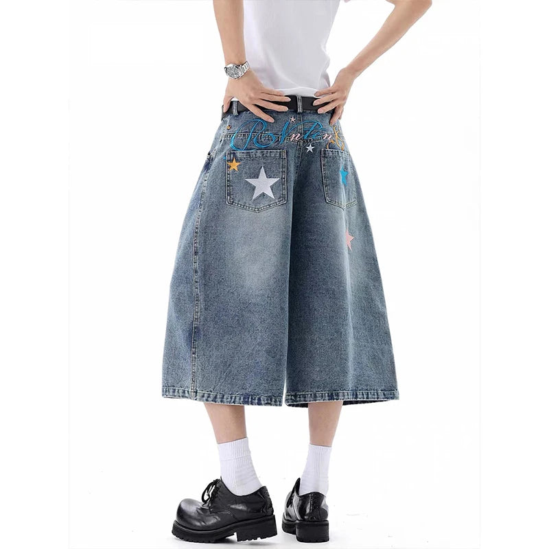 Man's Blue Denim Shorts Y2k Jeans Short Pants Harajuku Aesthetic Vintage Embroidery Cowboy Shorts 2000s Trashy Clothes