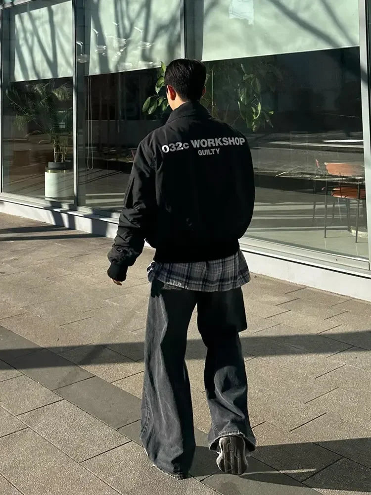 032C black silhouette short wide bomber zip multi pocket jacket