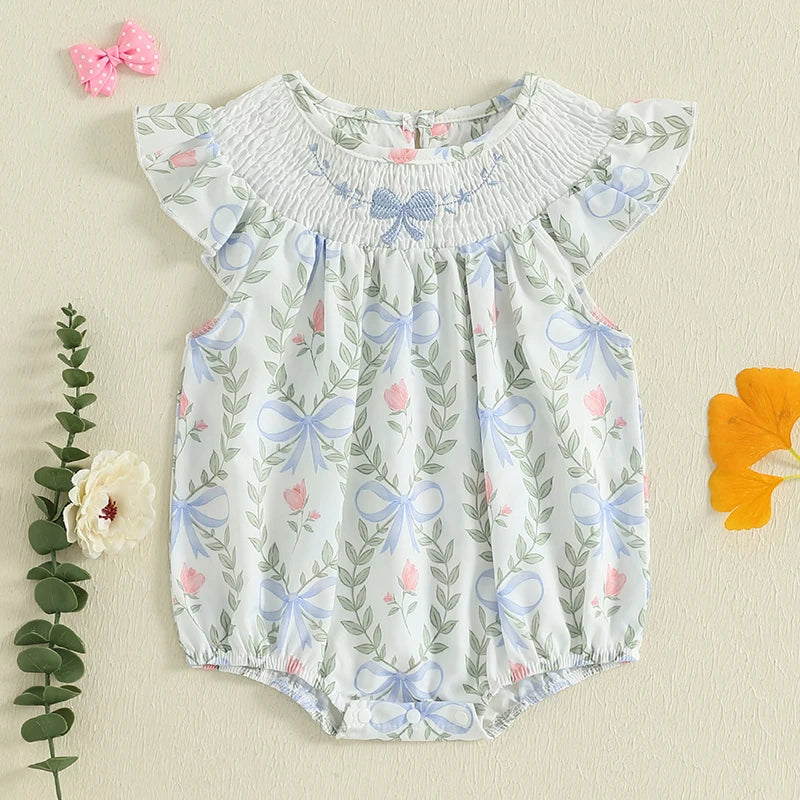 Summer Newborn Clothing Baby Girls Romper Fly Sleeve Crew Neck Bow Leaves Print Infant Jumpsuit Summer Clothes