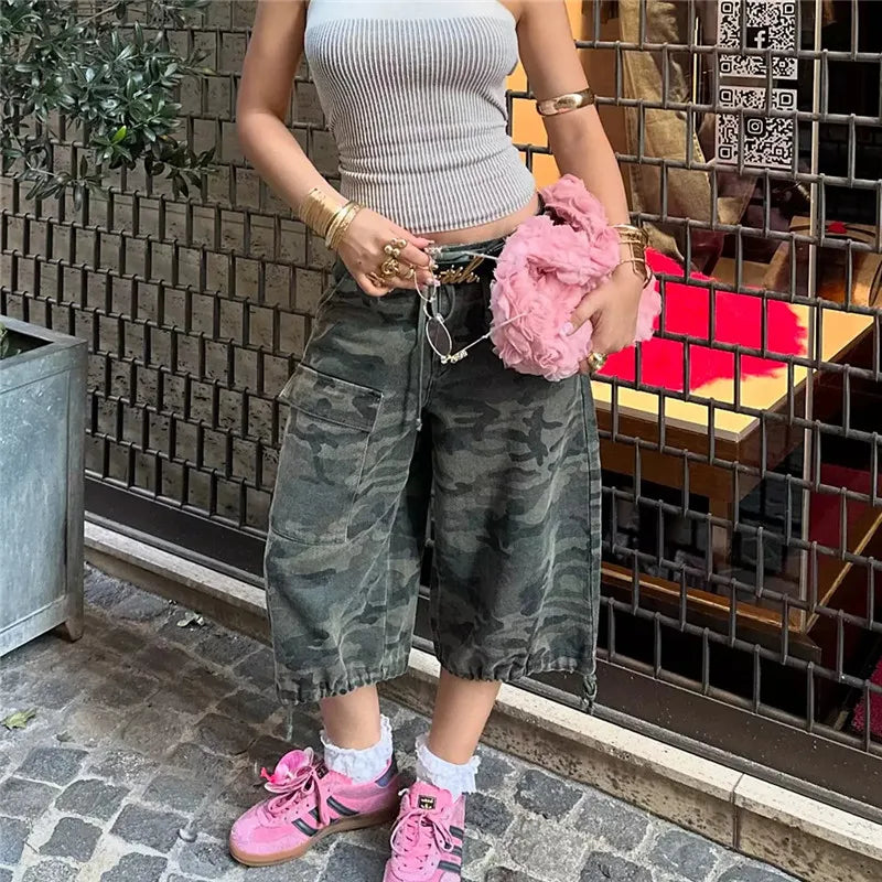 Women Retro Cargo Denim Shorts Vintage Camouflage Print Loose Drawstring Short Pants Y2k Aesthetic Cyber Grunge Streetwear