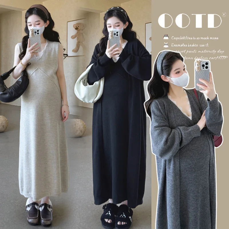 Maternity Suit  Autumn High-End Lazy Style Versatile Long Coat And Lace Paneled V Neck Straight Tank Dress Two Piece Set