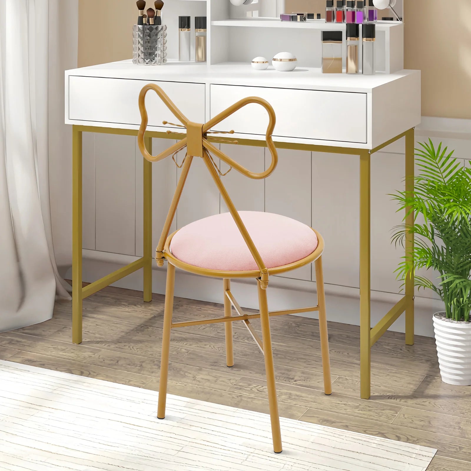 Butterfly Bow Tie Vanity Chair Modern Vanity Stool Velvet Cushion Makeup Chair Metal Frame Butterfly Backrest Chair Dining Chair