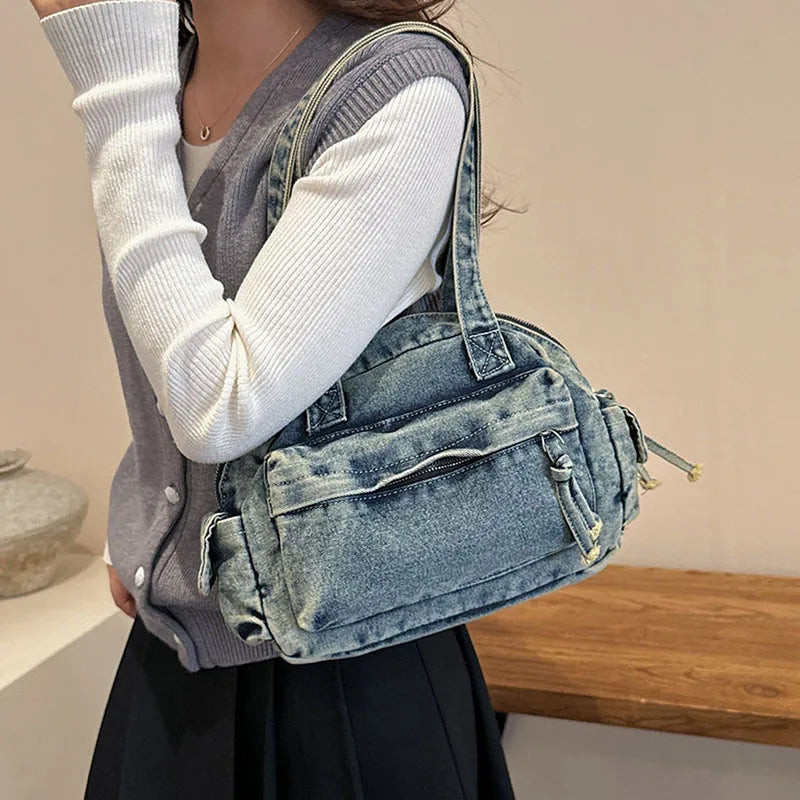 Trendy Vintage Denim Top Handle Bag Women Fashion Spring Shoulder Bag Casual Comfortable and Versatile Texture Storage Bag