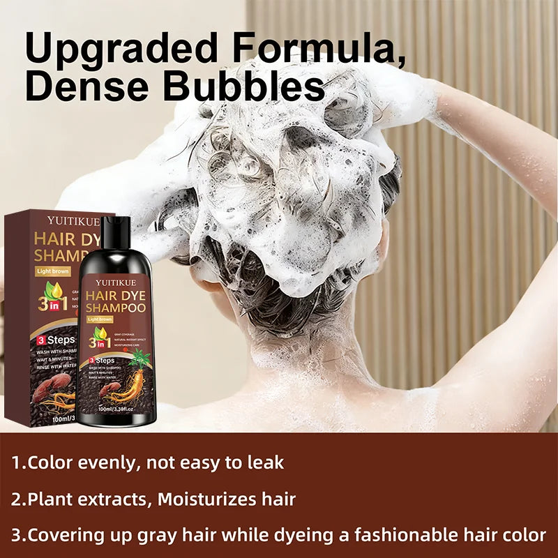 YUITIKUE Light Brown Hair Dye Shampoo | 3-in-1 Gray Coverage, Natural Instant Effect, 3 Steps Easy Dye 100ml