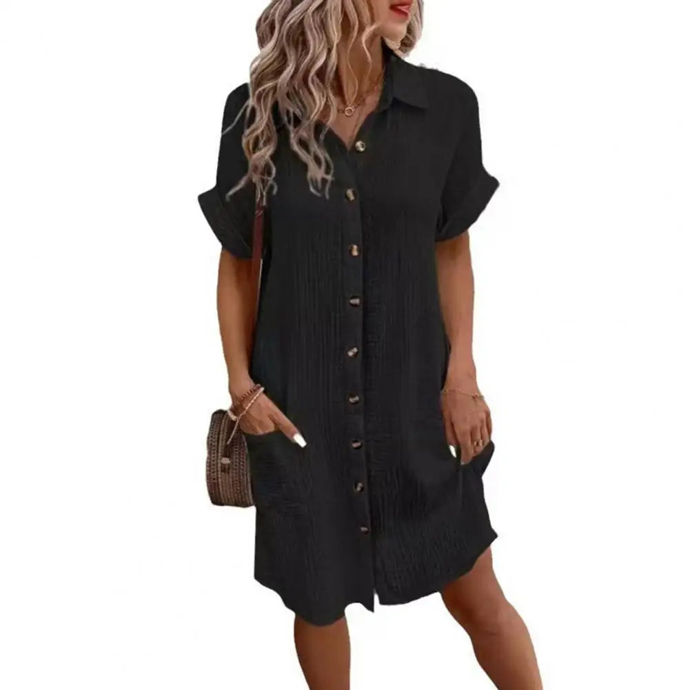 2026 Women's Cotton Linen Dress Casual Button Down V-neck Dress Summer Short Sleeve Beach Sundress Elegant Women Maxi Dress