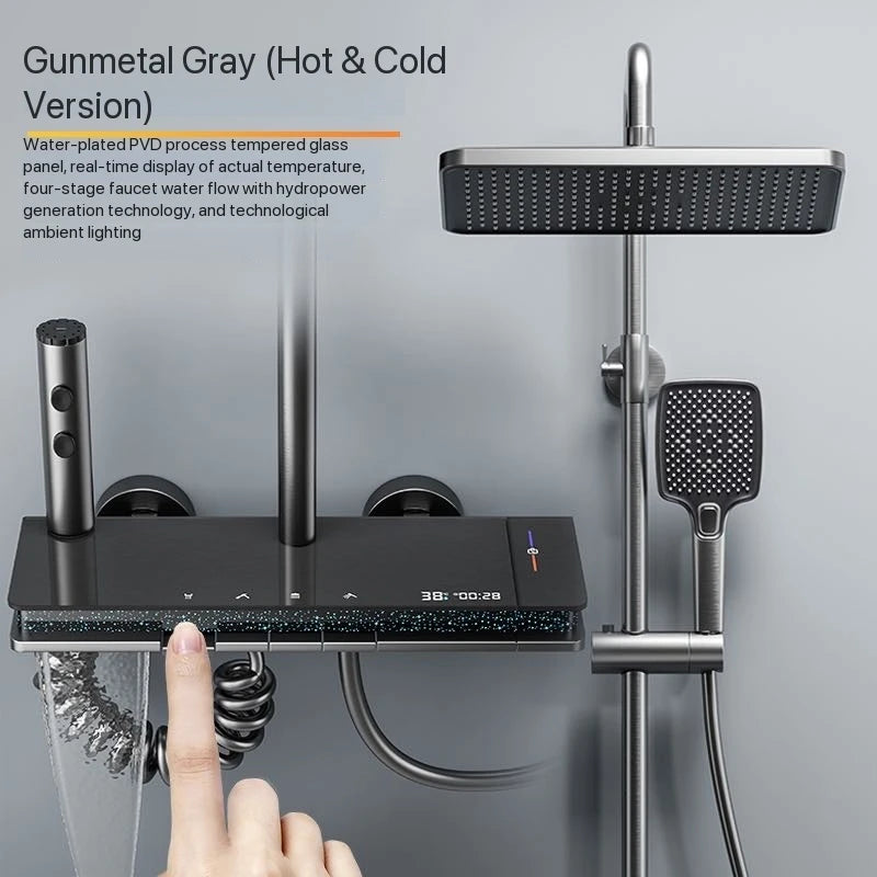 Gray Piano Button Ambient Light Bathroom Shower Full Set Digital Display Shower System Sets Rain Faucets Shower Head