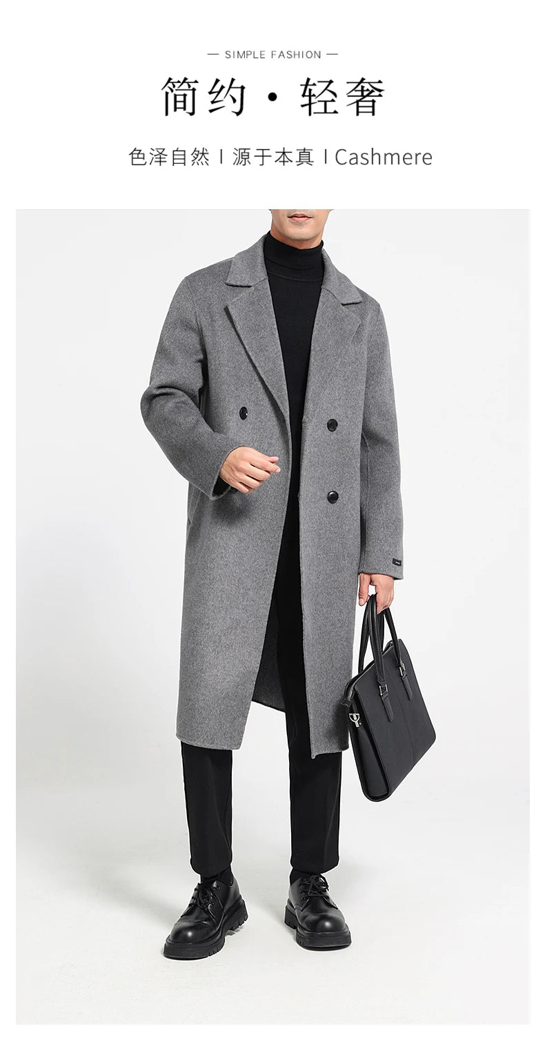 Men's 100% Cashmere Thick Double-Sided Extended Coat, Classic and Versatile Fashion for Business and Leisure