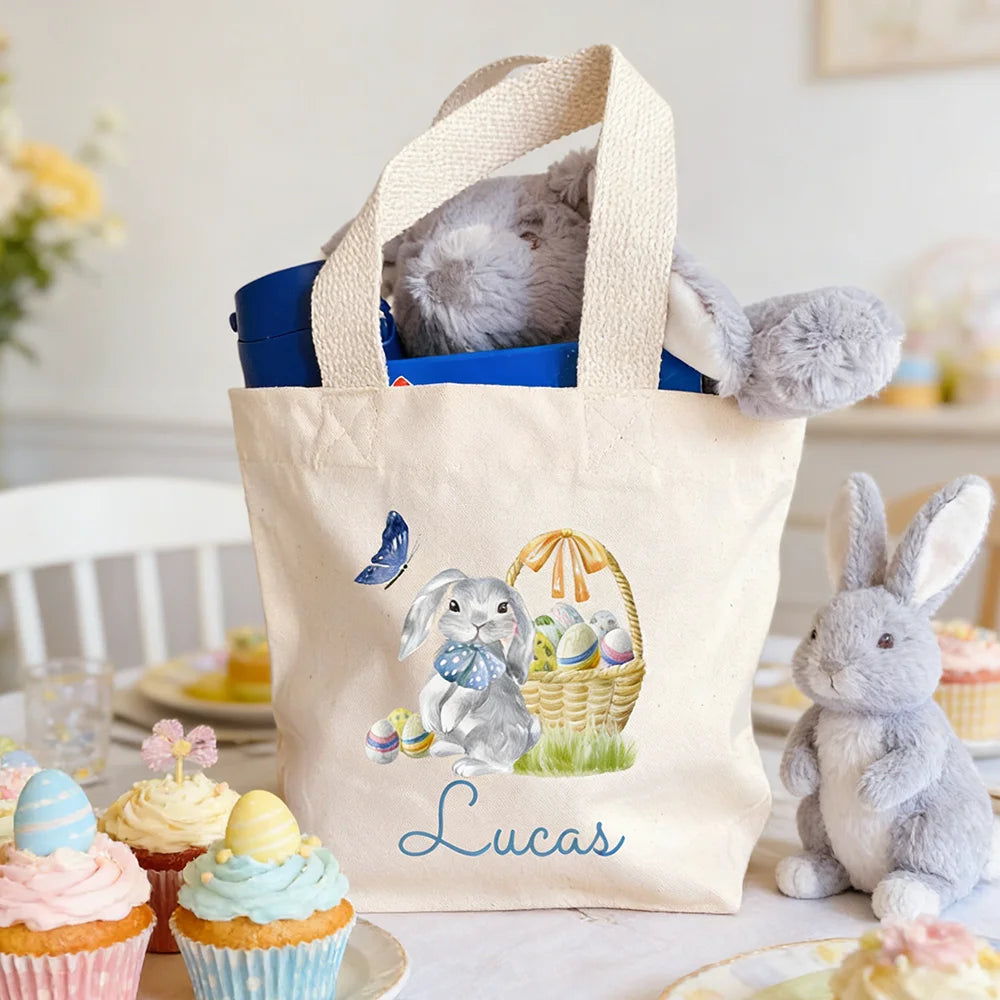 Personalised Cute Bunny Mini Easter Tote Bag with Name Spring Egg Hunt Game Basket for Girls or Boys Easter Hunting Squad Supply