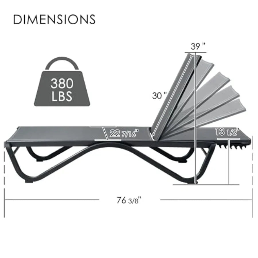Outdoor Chaise Lounge for Poolside, Sunbathing Backyard: All Aluminum Frame + Textilene Fabric, Fully Flat Adjustable Reclining