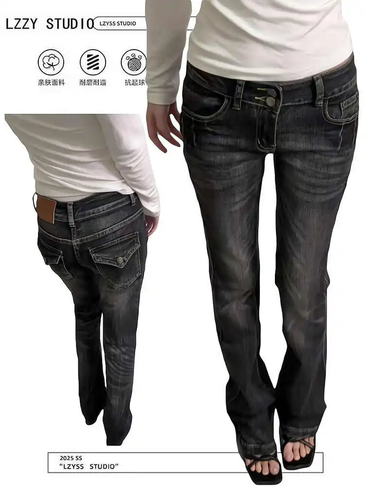 Women's Skinny Denim Pants Kpop Designer 2000s Abi Bell Bottom Low Rise Jeans Abi Long Trousers Japanese Y2k Grunge High Street