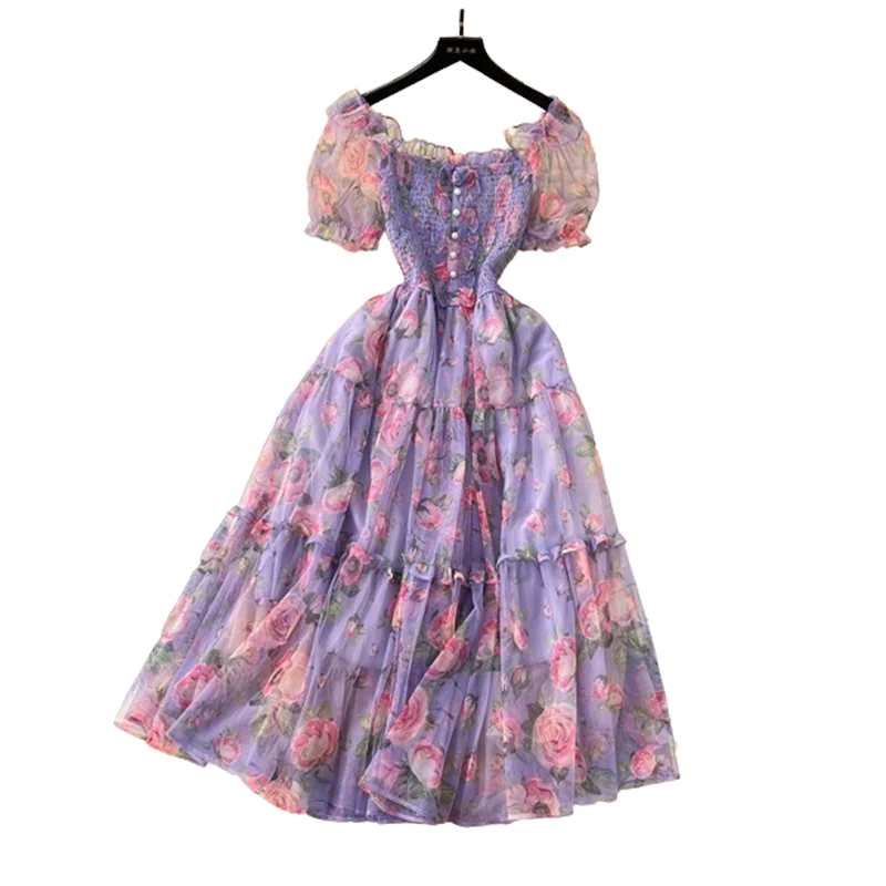 Summer Vintage French Mesh Dress for Women New Waist Cinched Slash Neck Bubble Sleeves Sweet Floral Chiffon Dress Female C146