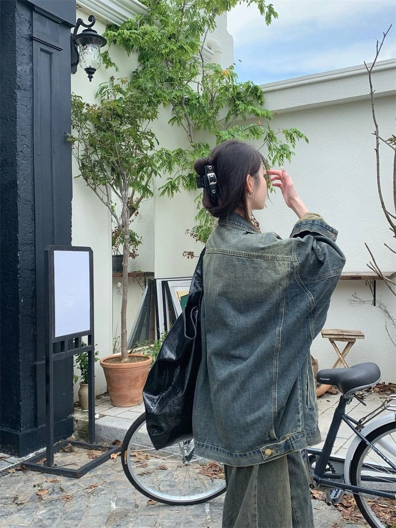 Vintage Washed Denim For Women Loose Fit Street Style Casual Biker With Retro Spring Autumn Layering Outerwear