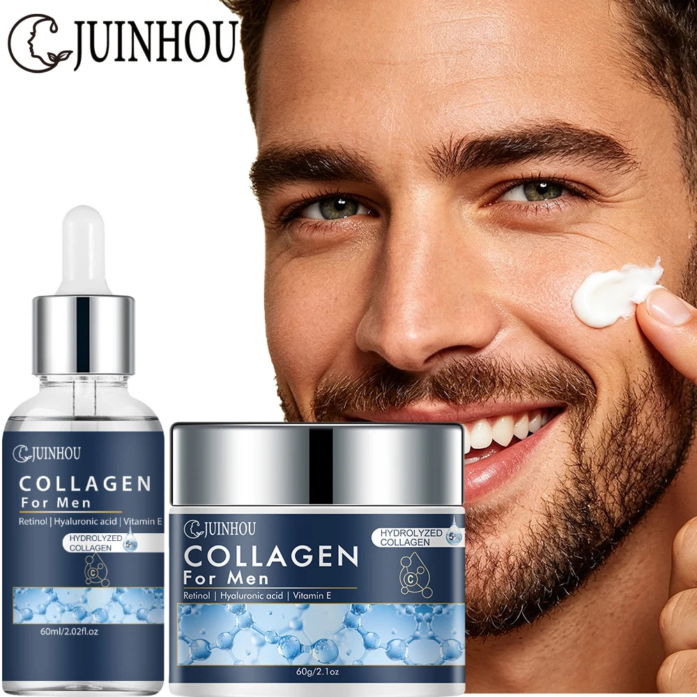 JUINHOU Men Facial Hydration Cream Serum Set Collagen Moisturizing Anti Aging Oil Control Firming Refreshing Non-Greasy Skincare
