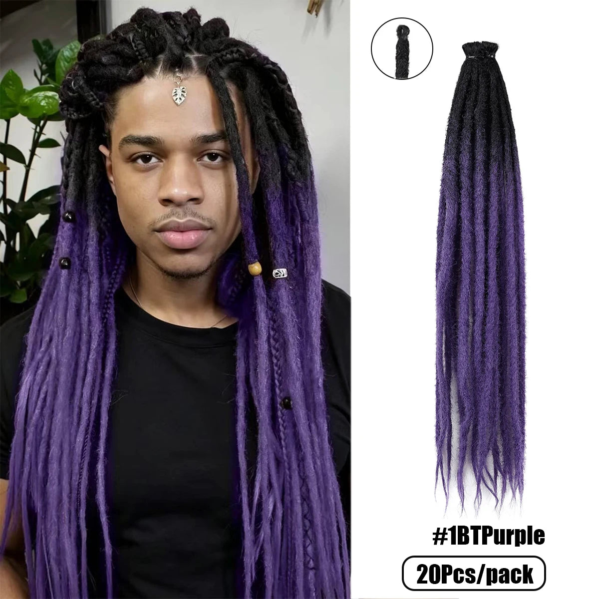 20Strands 24 Inch Synthetic Dreadlock Extensions Ombre Black 0.6cm Width Single Ended Hippie Reggae Style Crochet Hair for Men