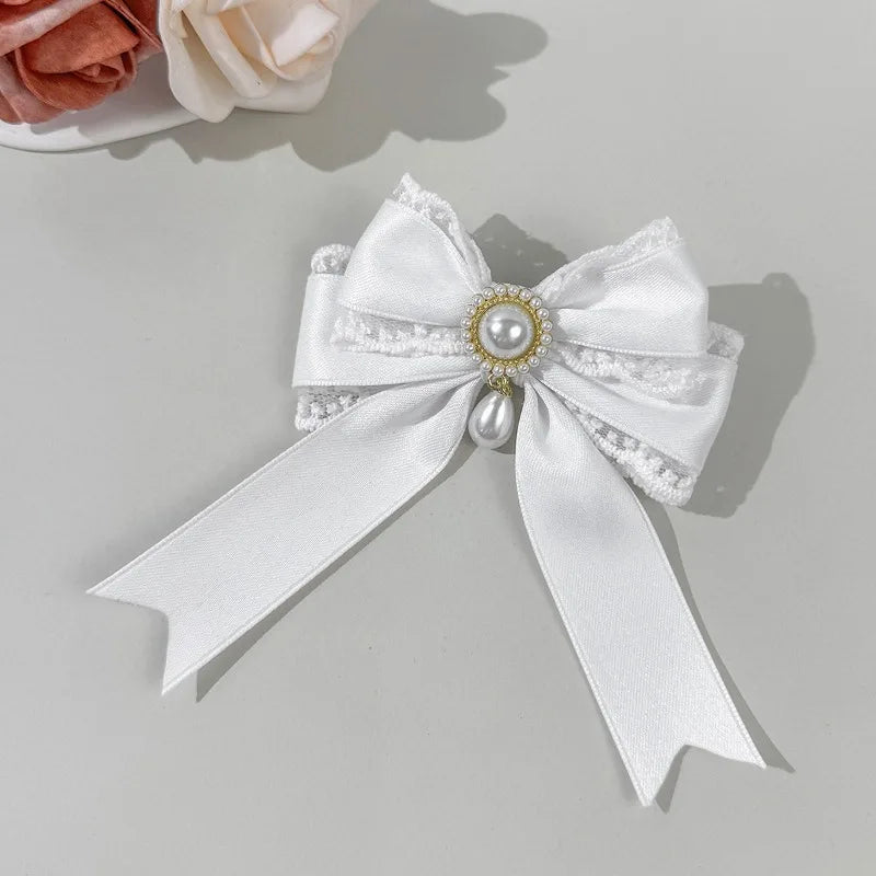 4pcs Pearl Lace Bow Hair Clip, Multi-color Satin Lolita Headpiece, Retro Sweet and Beautiful Style Hair Accessory