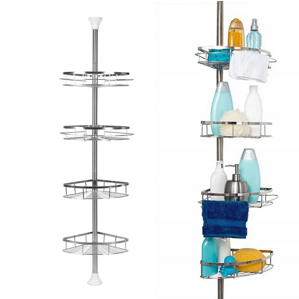 Telescopic Shower Shelf, Stainless Steel Corner Shelf with 4 Shower Baskets, Adjustable 110-280cm for Bathroom and Kitchen