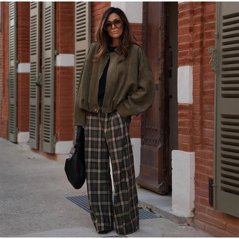 Chic Green Plaid Print Loose Pants Women Casual High Waist Straight Wide Leg Trousers Party Daily Classic Attire 2026 Spring