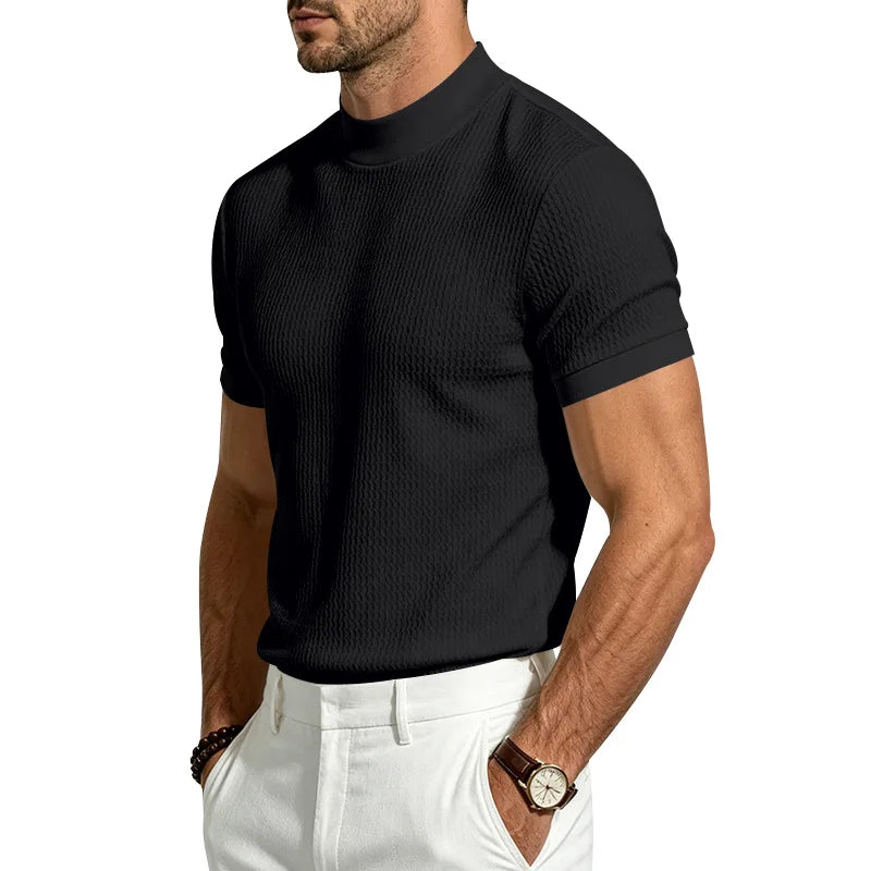 Men Summer Solid Jacquard Textured Mock Neck Short Sleeve T Shirt Slim Fit Simple Versatile Casual Daily Male Basic Tees
