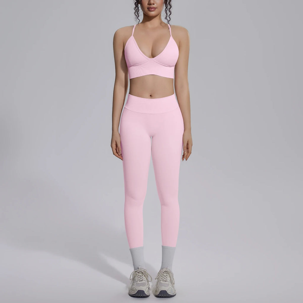 2PCS Woman Yoga Set Shockproof Workout Top Sexy Yoga Bra with Chest Pad High Stretch Seamless Fitness Pants Gym Yoga Set