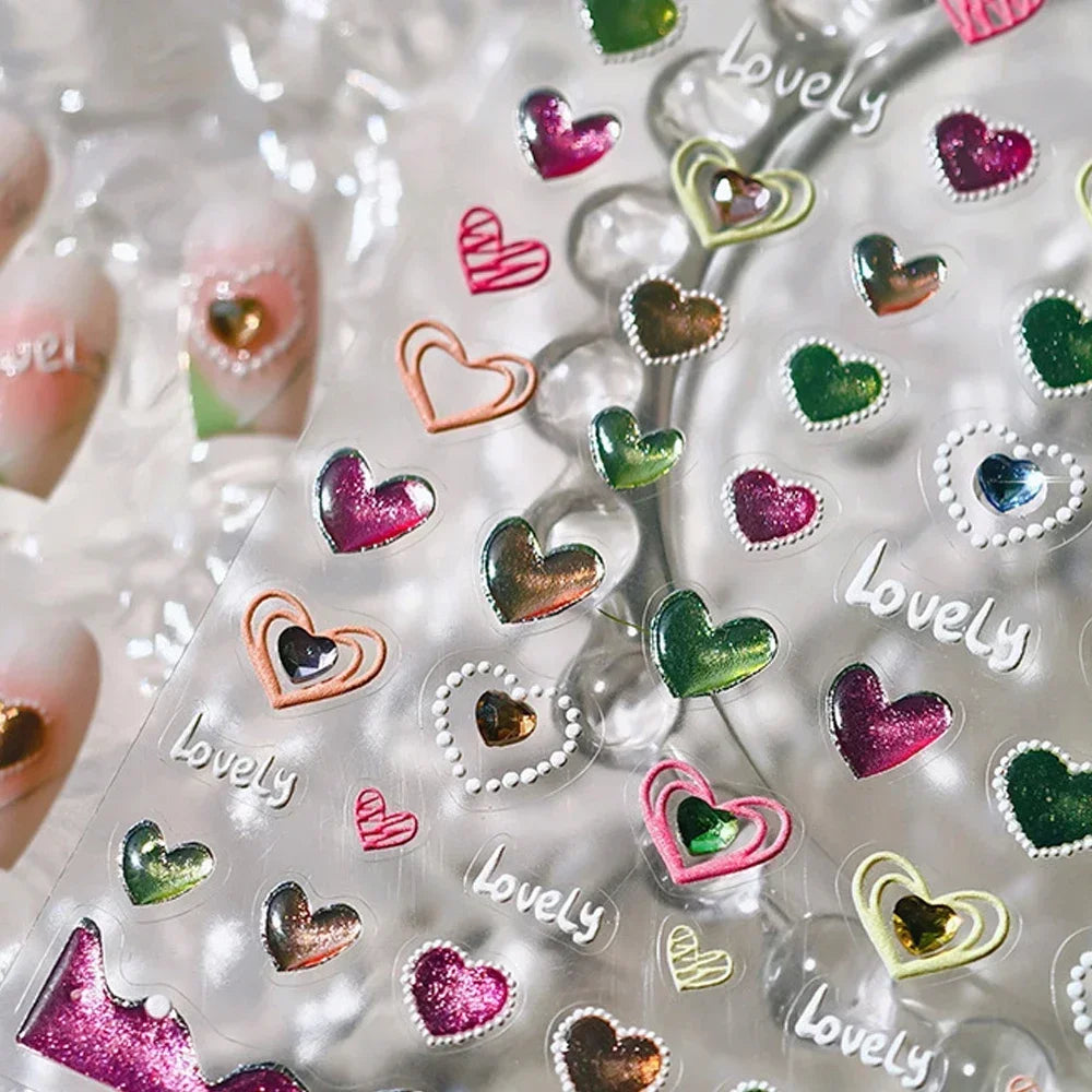 5D Gradient Love Gem Glitter Love Heart Colorful Cat's Eye Rhinestone Soft Self Adhesive Nail Art Stickers Shiny Manicure Decals