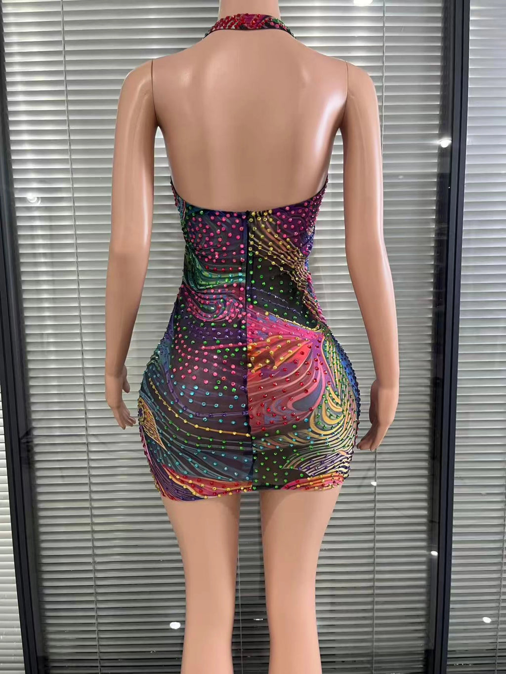Vibrant Multicolor Sparkling Beaded Halter Mermaid Gown Deep V-Neck Bodycon Sexy Performance Costume Nightclub Red Carpet Gown