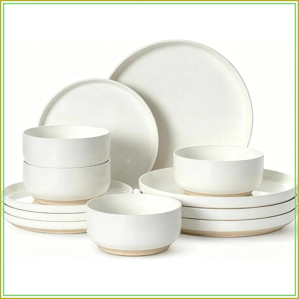 12-Piece Cream White Dinnerware Set for 4, Ceramic Plates & Bowls, Microwave & Dishwasher Safe