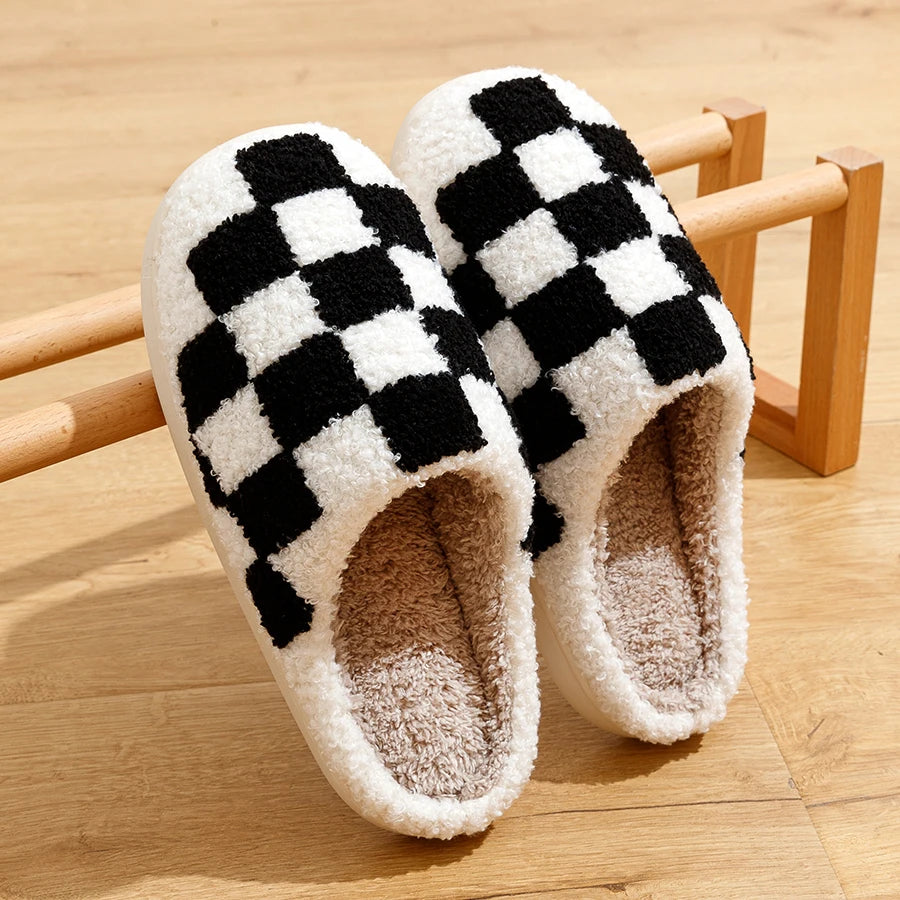 Fashion Retro Checker Women's Winter Warm Home Slippers Couple Indoor Bedroom Plush Anti-slip Soft Sole Leisure Shoes Men