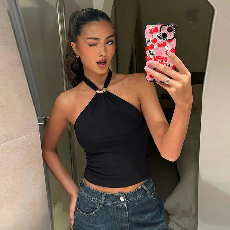 2026 Summer Fashion New Women's Retro Retro Hot Girl Tight Strap Top Hanging Neck Naked Back Sexy Vacation Beach Vest