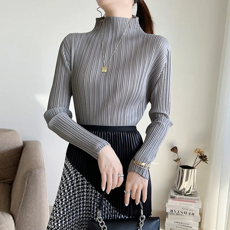 Miyake Pleated Long Sleeves Tops Fall 2025 Winter Korean Fashion Women Classic Solid Color Turtleneck Casual Elegant T-shirt