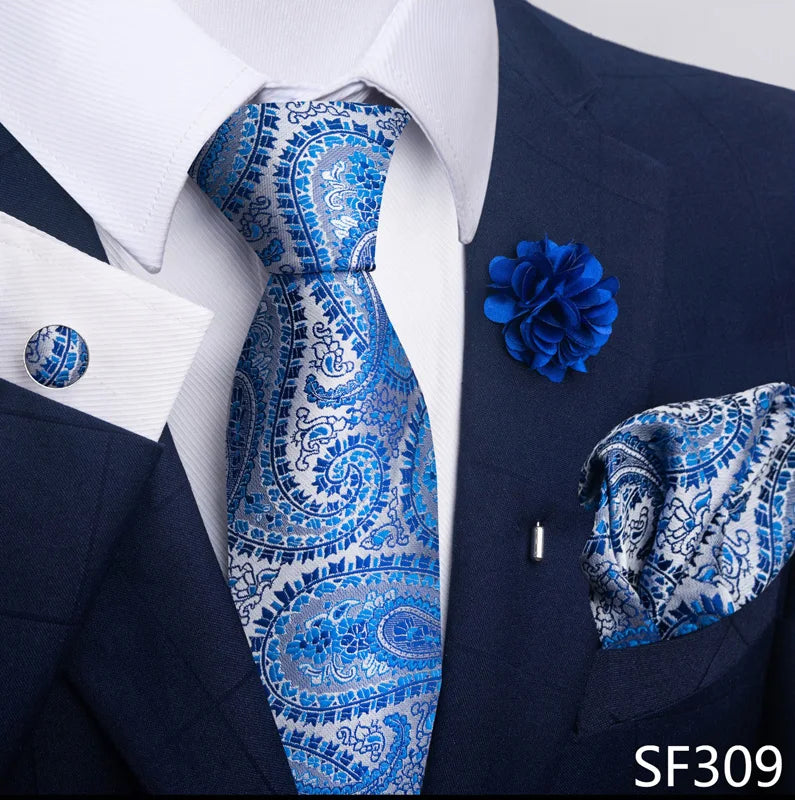 Hot Sale Luxury 8 Cm Blue Floral Ties Pocket Square Cufflinks Brooch Set For Man Suit Accessories Holiday Gift Fit Formal Party