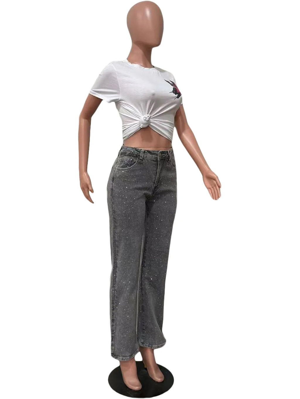 Women's Outfit Featuring Diamond-studded Washed Denim Pants Women's High-waisted Straight-leg Pants, and "hot Girl" Style Pants.