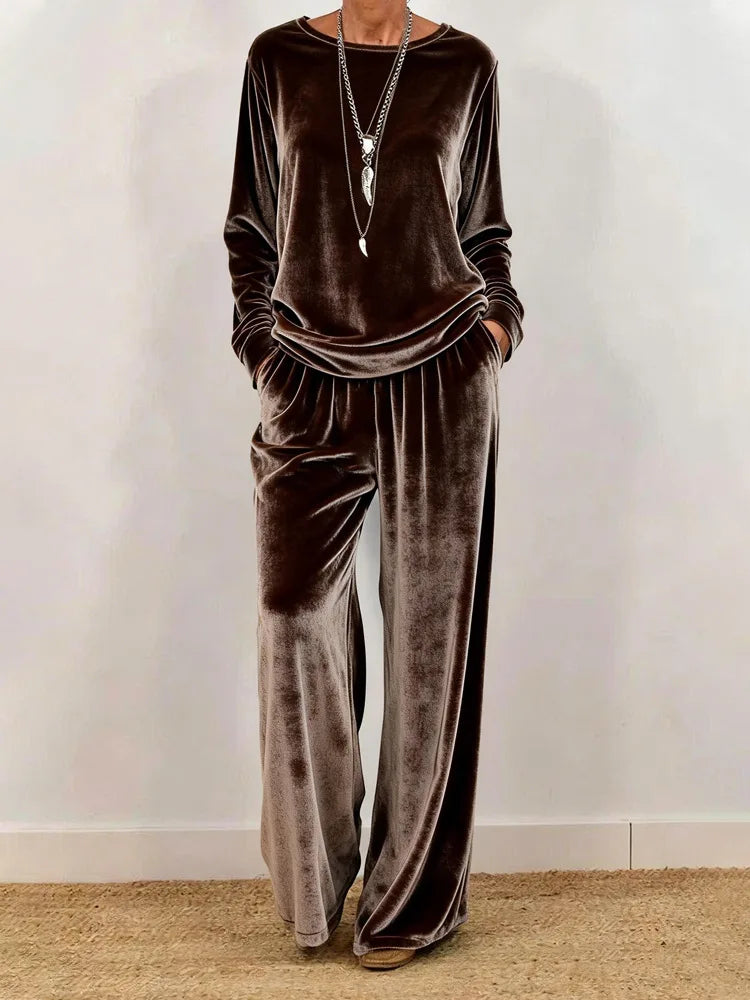 2026 Women Spring Autumn Velvet Two Piece Suit Fashion Solid Color O-Neck Top+Wide Leg Pants Set Ladies Loose Comfortable Outfit