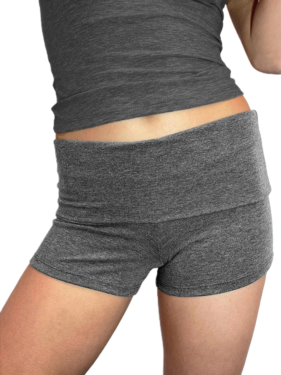 Summer Slim Yoga Shorts Women Casual Solid Color Fold Over Low Waist Lounge Shorts