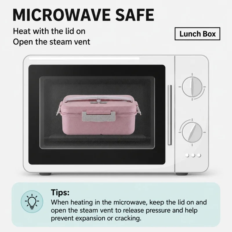 Wheat Straw Lunch Box Microwave‑Safe Portable Bento Box with Tableware Food Storage Container for Kids School Office