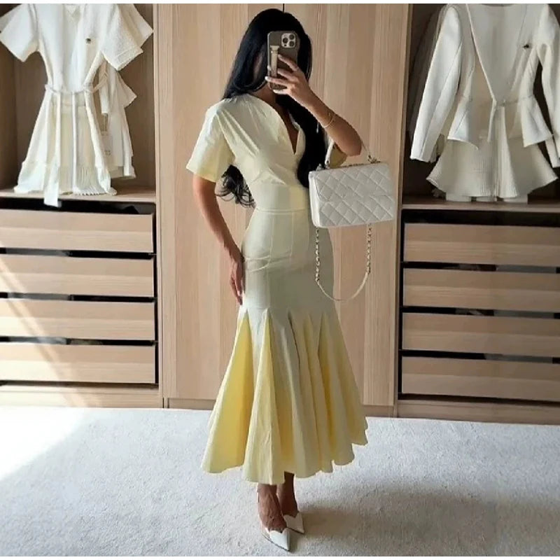 Elegant Pleated Waist-cinching Long Dress Women's Sexy V-neck Short Sleeve Bodycon Dresses 2026 Summer New Lady Solid Robes