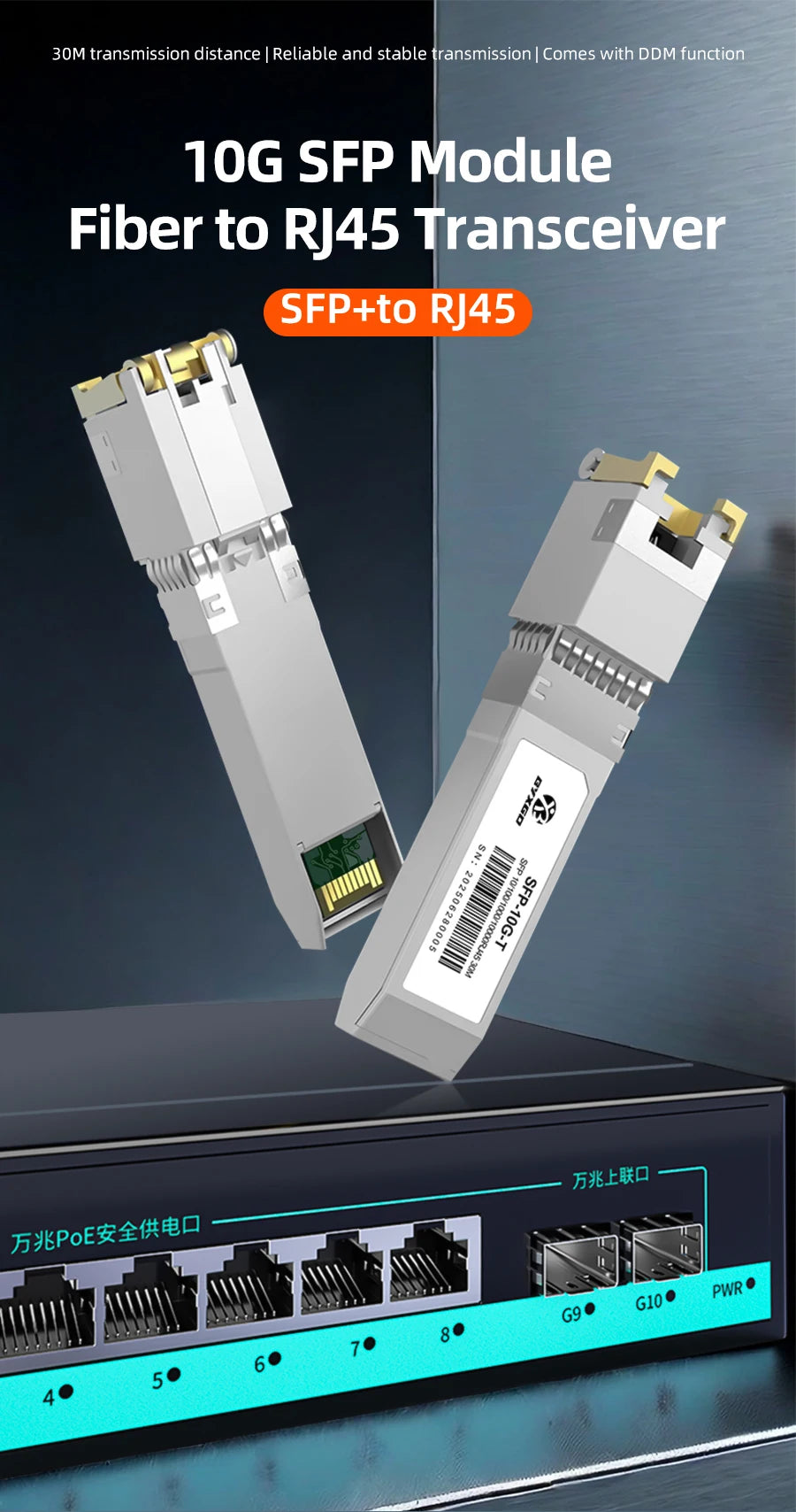 RJ45 SFP Module Adaptive Rate Plug and Play 1G / 10G  BASE-T SFP+ For Cisco/Ubiquiti/Dell, Copper SFP For Switch/Router/Server