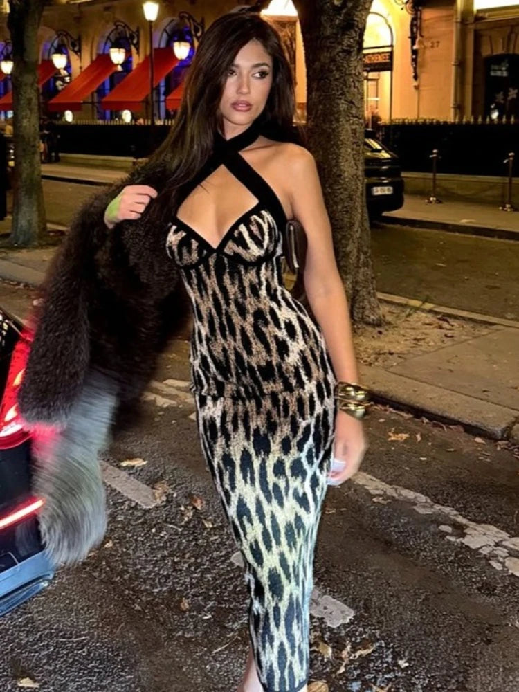 FDYOUI Fashion Halter Bodycon Leopard Dress Party Night Club Outfit Women Sexy Sleeveless Backless Midi Evening Prom Dresses