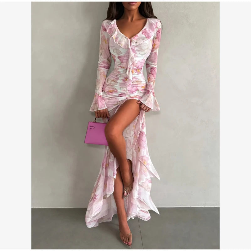 Women Pink Floral Print Maxi Dress Elegant V Neck Ruffle Trim Flare Sleeve Ruched High Chiffon Dresses 2026 Lady Party Vestido