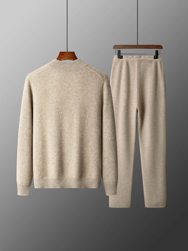 Men's 100% Merino Wool Two-piece Suit Autumn Winter Knitting Zipper Cardigan and Straight-leg Pants Warm Thickened Clothing Sets