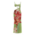 Nibber Elegant Vacation Long Dress Woman Metal Decoration Floral Print Low-Neck Hollow Navel Exposed Design Beach Style Vestidos