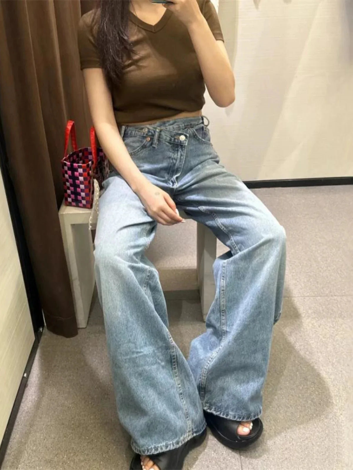 ETJ 2025 new women's basic classic all-match fashion cross waist high waist  wide leg jeans female 8197232