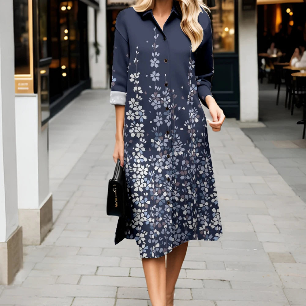 2025 New Women's Shirt Dress Fashion Floral Printing Long Sleeve Lapel Button Dress Casual Loose Streetwear Cardigan Dresses